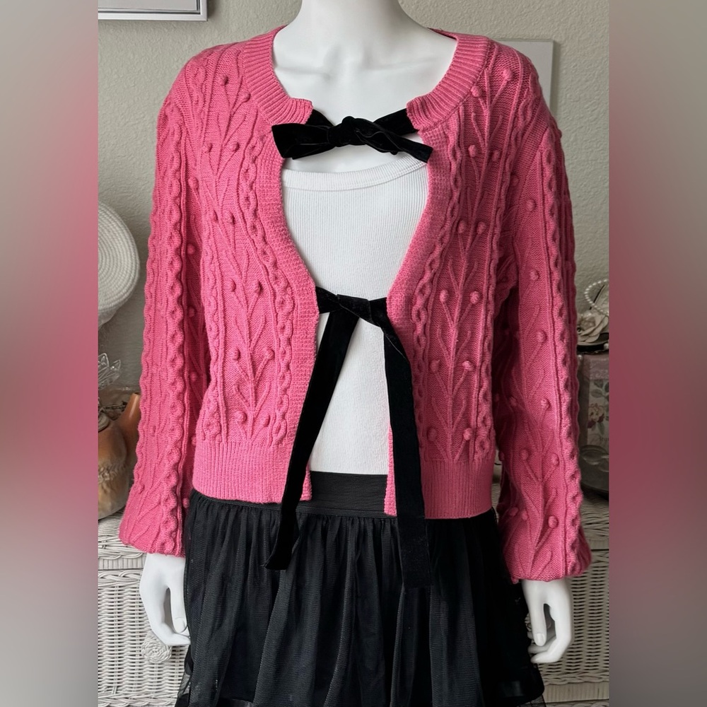 Cider Pink Black Tie Cardigan Buttonless Popcorn Cable Knit JRs. Size XL NWT
